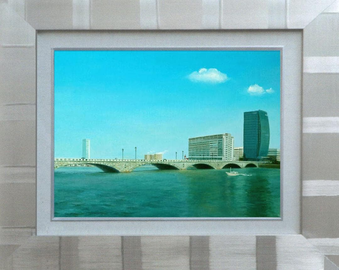 油絵 菅家令子絵画インテリア額付(青緑+金色の枠)F6-080214万代橋 新潟