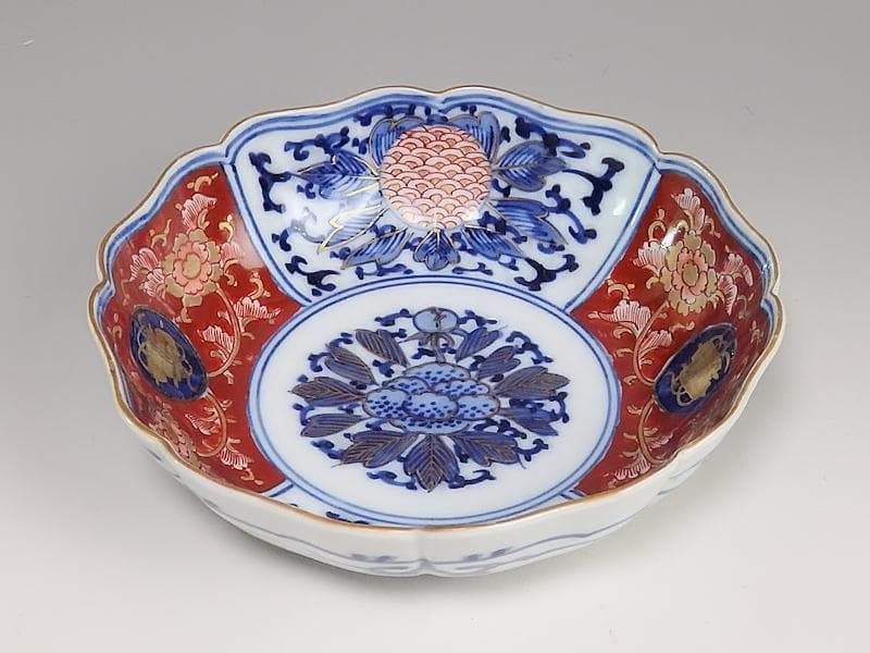 大聖寺伊万里 　染錦　牡丹に巻物の図　膾皿　４客　C135A- ALg