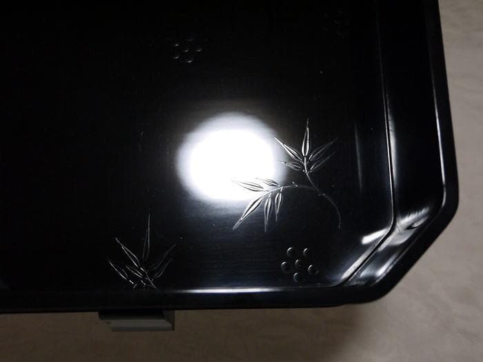 茶道具　縁高　岡田表寛造　呂色塗　竹梅文　銘有り　菓子器　共箱　美品