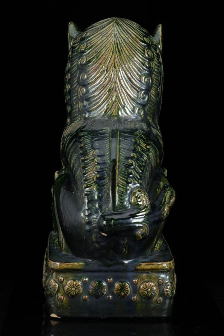 中国古玩 緑釉 獅子像 狛犬 フー犬 フードッグ 古陶磁器 大型62㎝ 古