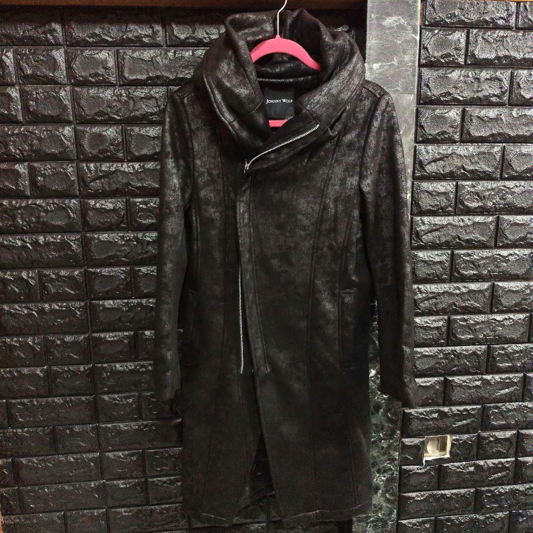 美品　JOHNNY WOLF　豹柄　BIGフーデッドロングライダースコート