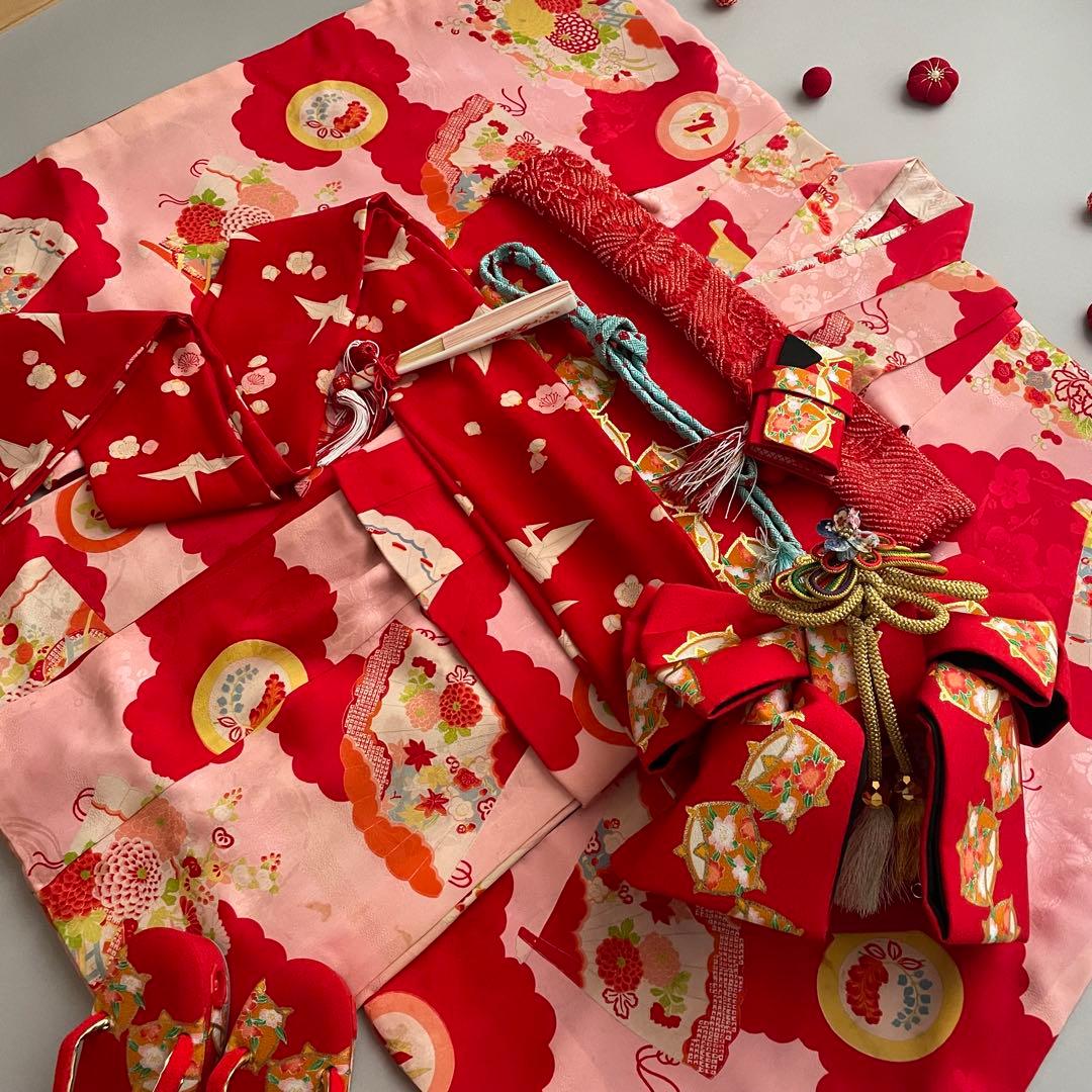 七五三　アンティークお着物セット　３歳〜　作り帯コーデ　髪飾り付き