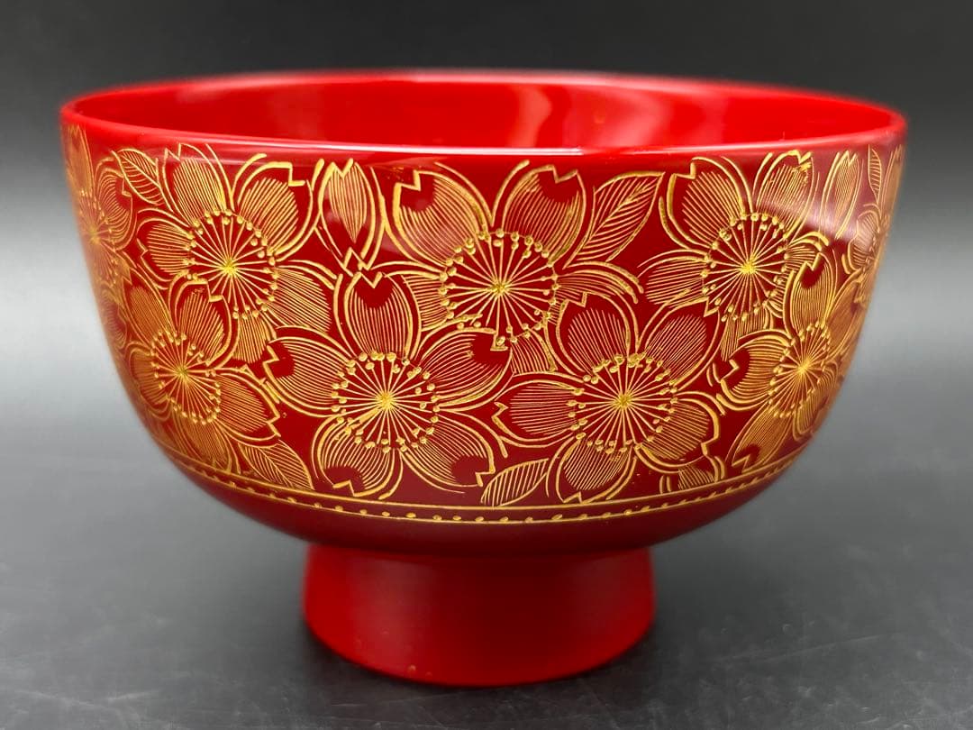 【希少品】沈金　川連漆器　お椀　大関 廣　雅号・廣道　桜　松　赤　黒　名入り