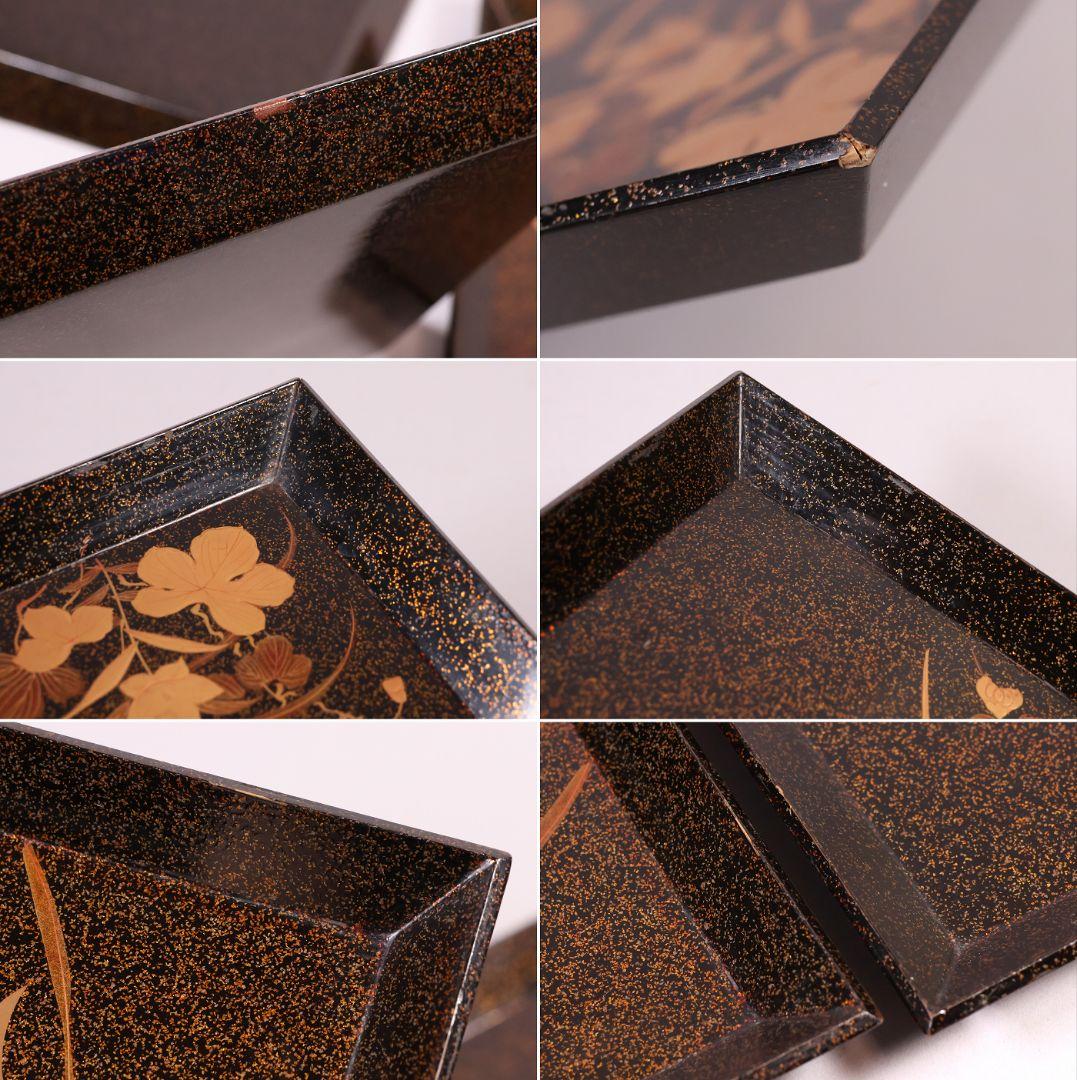 【MB46】時代 梨地吸物膳 十客 月と草花蒔絵 秋草 四方膳 卓上 折敷 木製