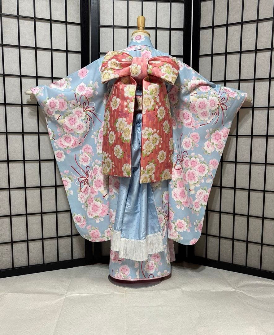 七五三　着物セット　7歳　水色　花柄　ポンポネット