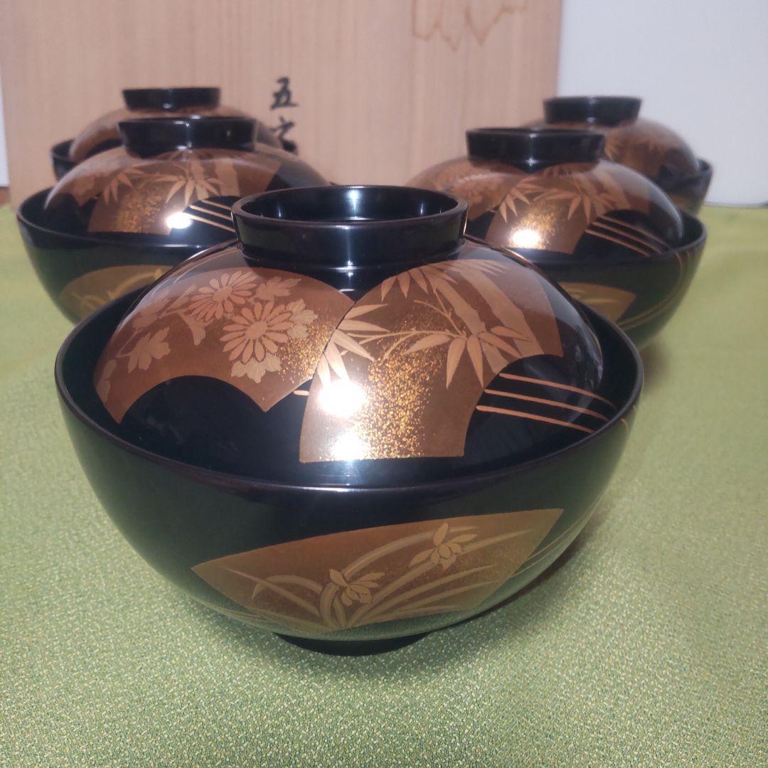 輪島塗 金 蒔絵 扇面 蓋付 椀 吸物椀 竹 梅 木箱 伝統工芸