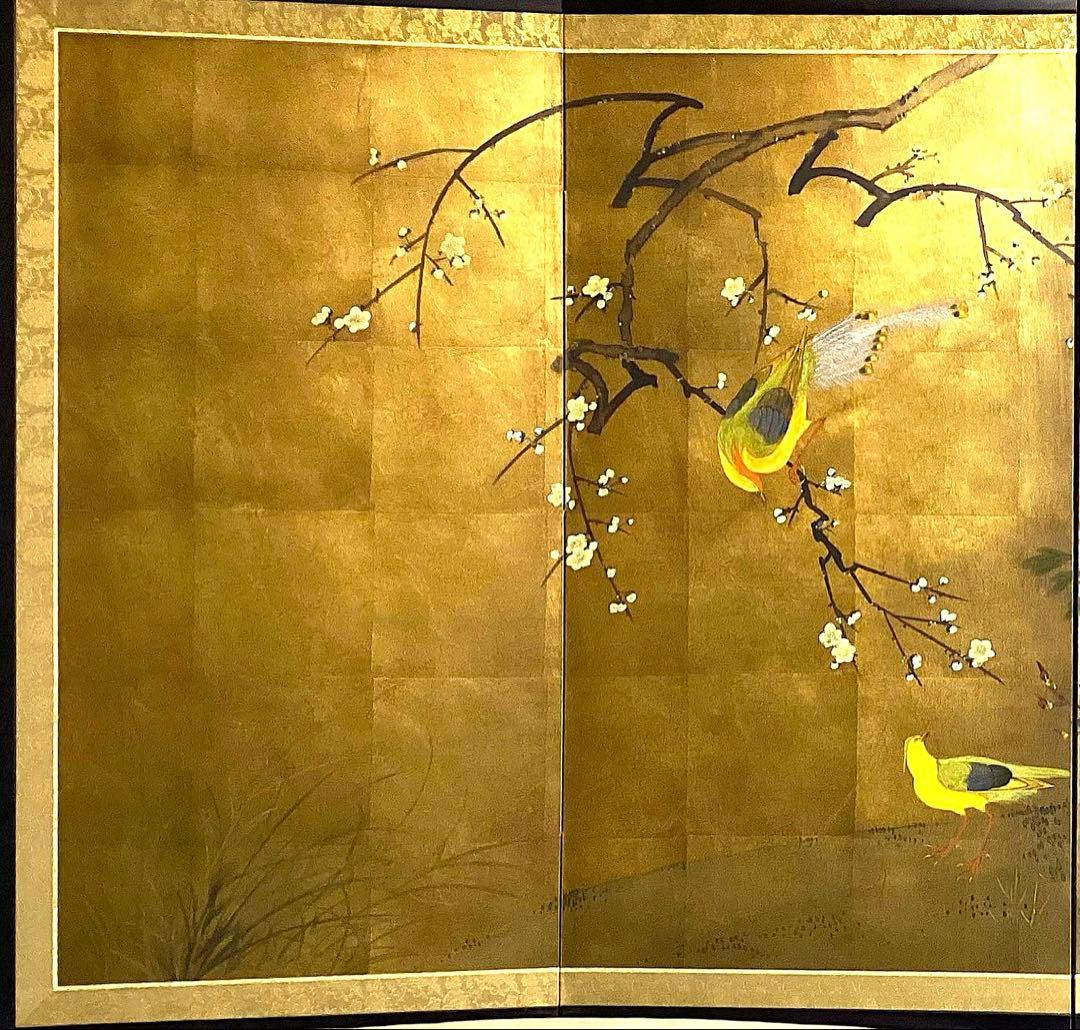 四つ折り屏風　日本画　金箔彩色　白梅に金鶏鳥