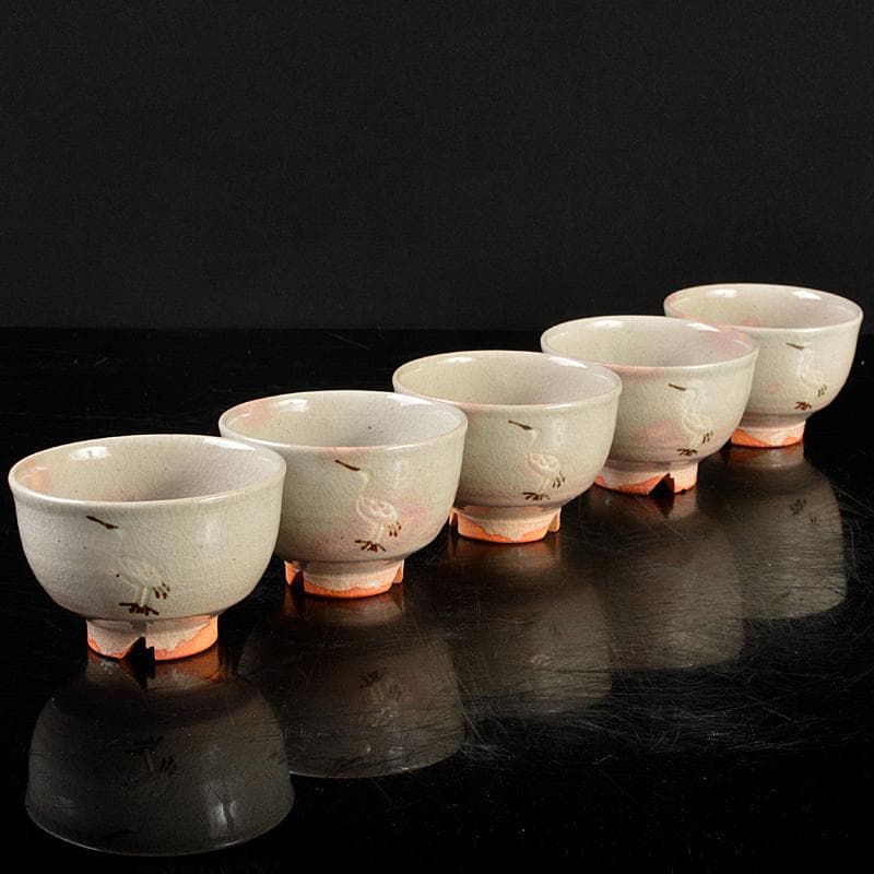 古曽部焼 高槻古曽部 寒川義崇造 立鷺 汲出茶碗 五客 共