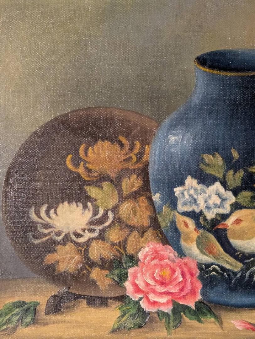 【真作】絵画　油彩6号　鳥文壷と薔薇　装飾陶器と花のある風景　X31