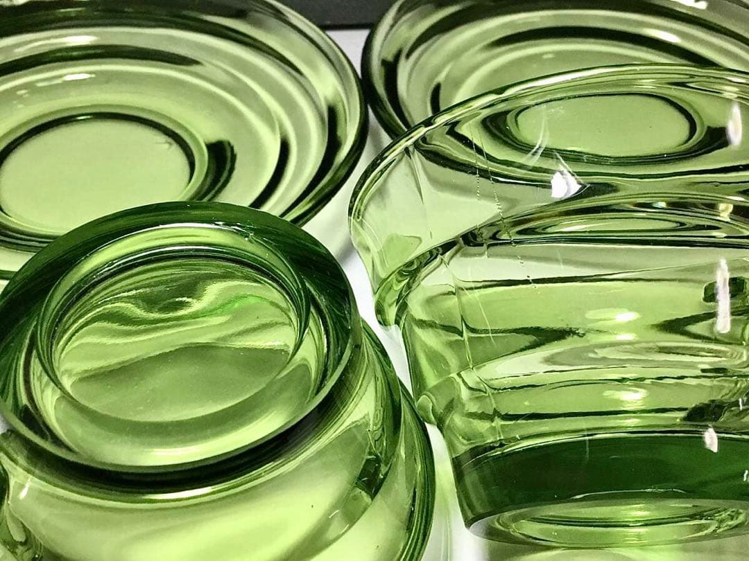 アールデコ◇ガラスカップ&ソーサー6客◇緑 グリーン 昭和レトロ