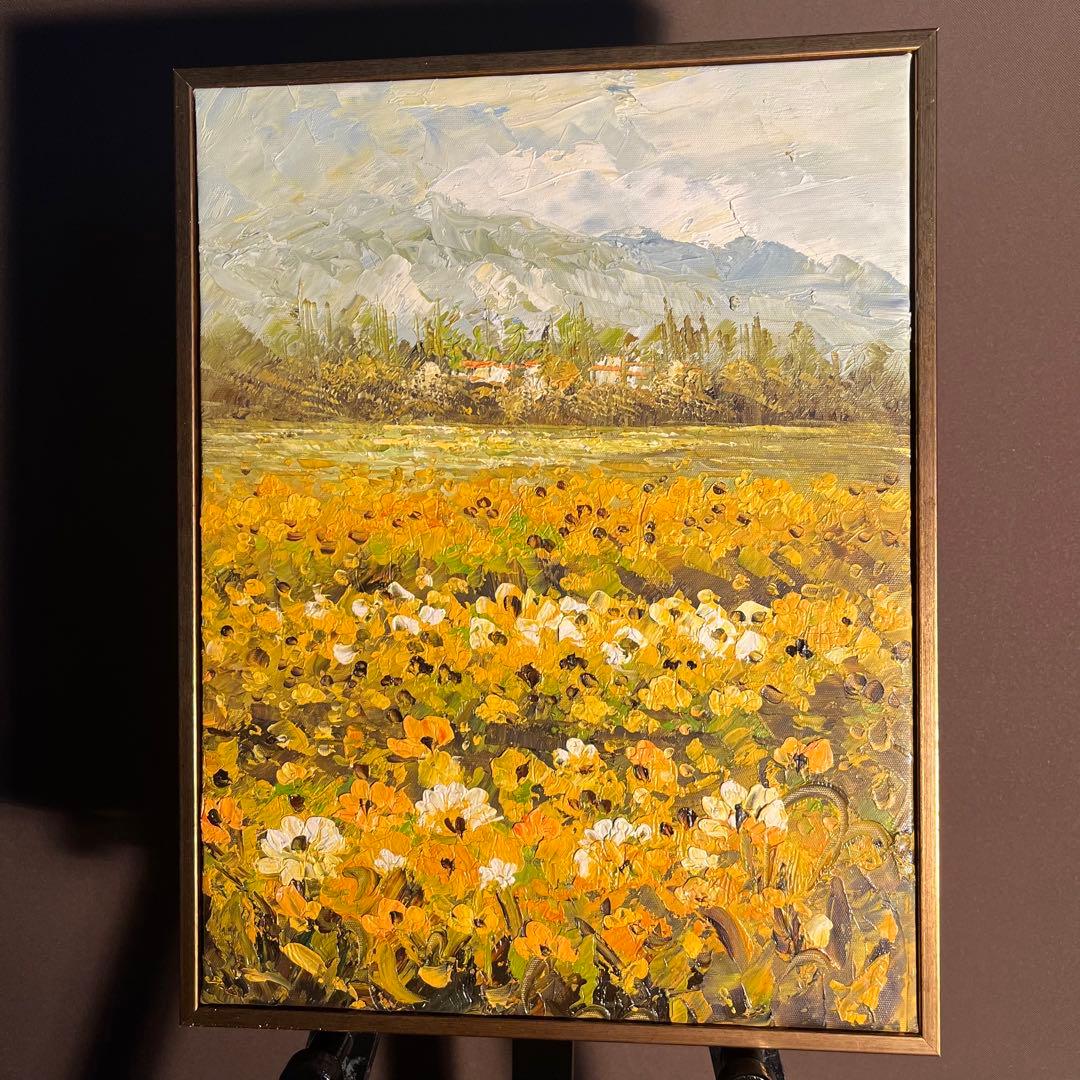 手書き油絵 菜の花畑 額付 絵画 インテリア 油彩画