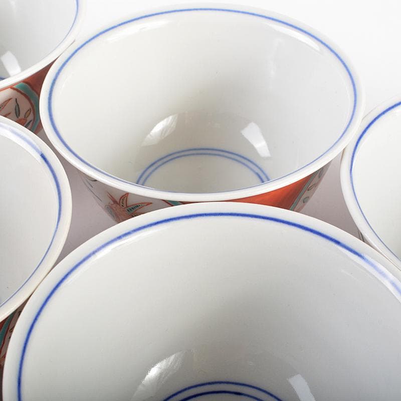 九谷焼 味渓窯 矢口永寿造 赤絵 花鳥文 汲出茶碗 五客 共箱 M R5223