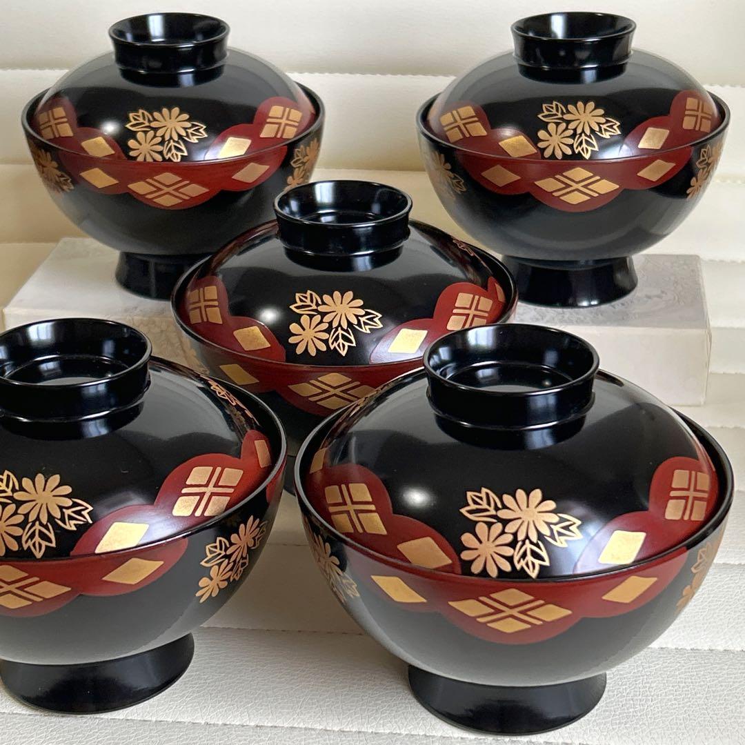 秀衡 金彩菊紋 蓋付きお吸い物椀揃 5客 吸物椀 汁