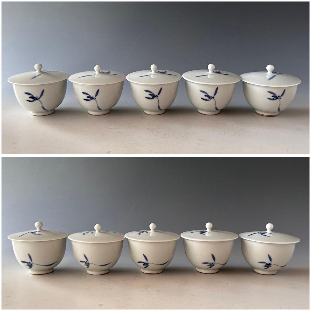 煎茶道具 村田亀水 染付 蘭絵 蓋付 煎茶碗 5客組