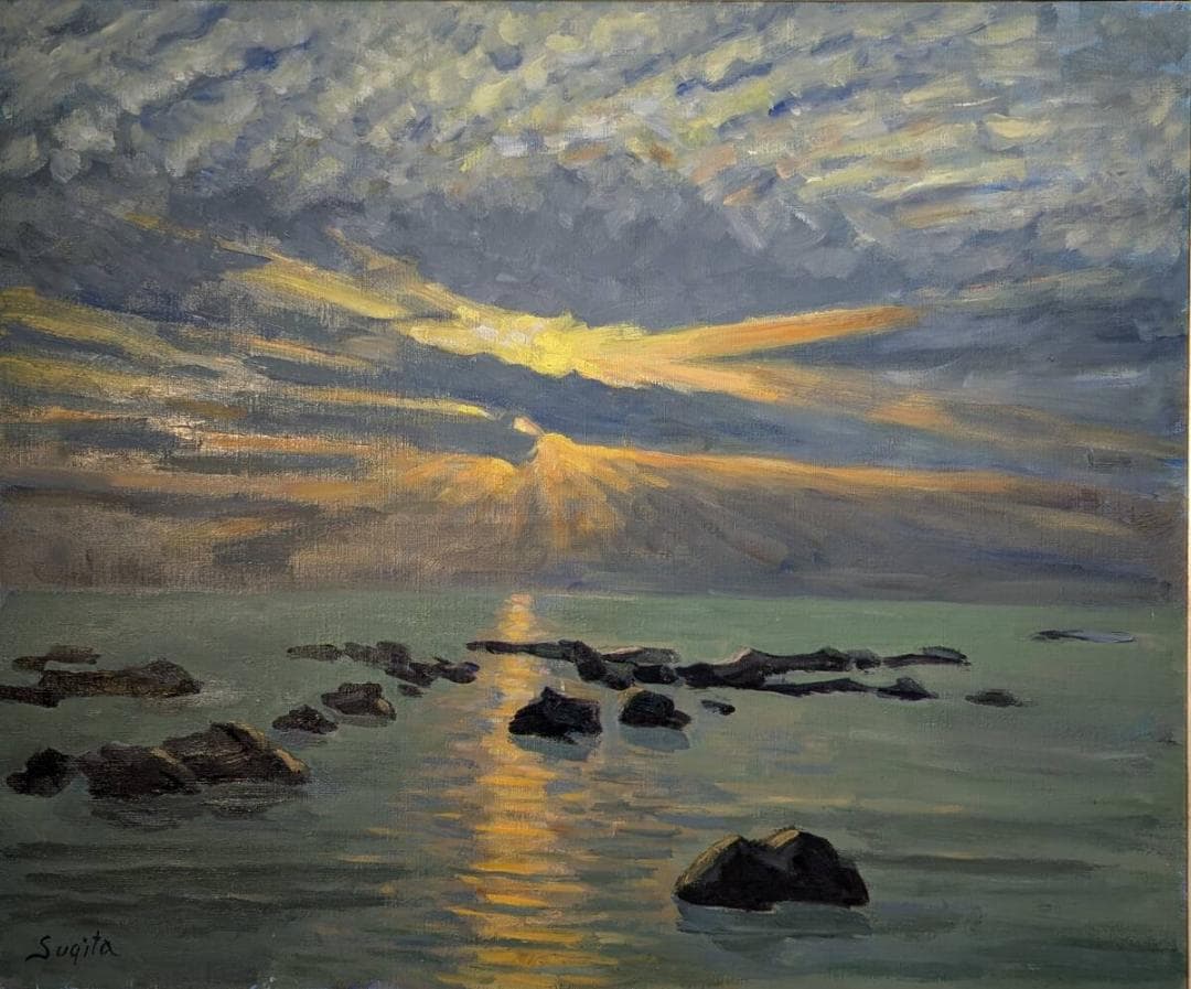 【真作】絵画　杉田一男　油彩20号　森戸の夕映　静寂と輝きの一瞬　U113