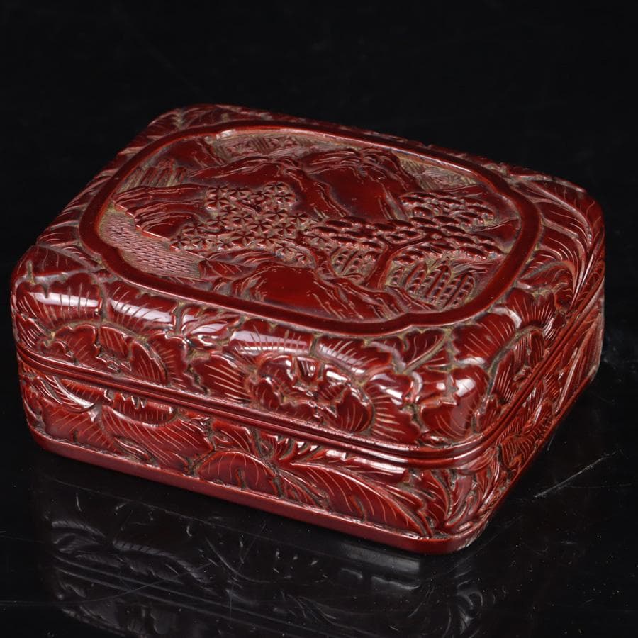 Y3272-5 彫師 渡辺明泉 朱塗 山水文 煙草盆組揃 共箱　　MM