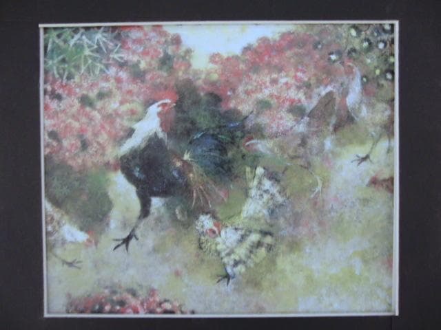 清原啓一、【花園の遊鶏】、希少な額装用画集より、新品額装付
