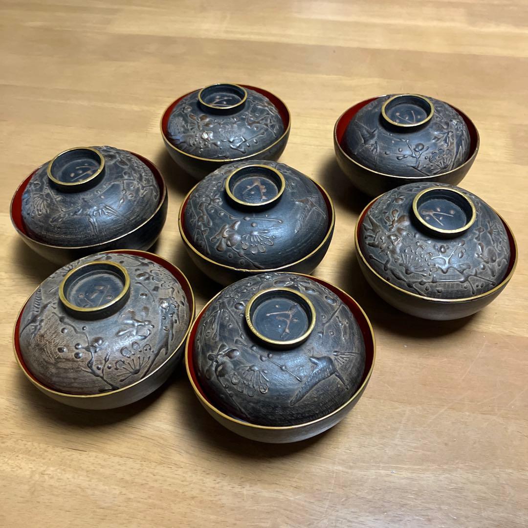 会津鉄錆塗（てつさびぬり）木製汁椀７客（明治〜大正時代）