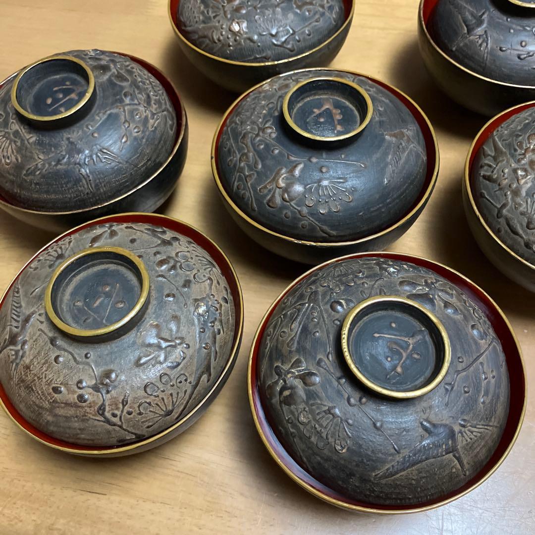 会津鉄錆塗（てつさびぬり）木製汁椀７客（明治〜大正時代）