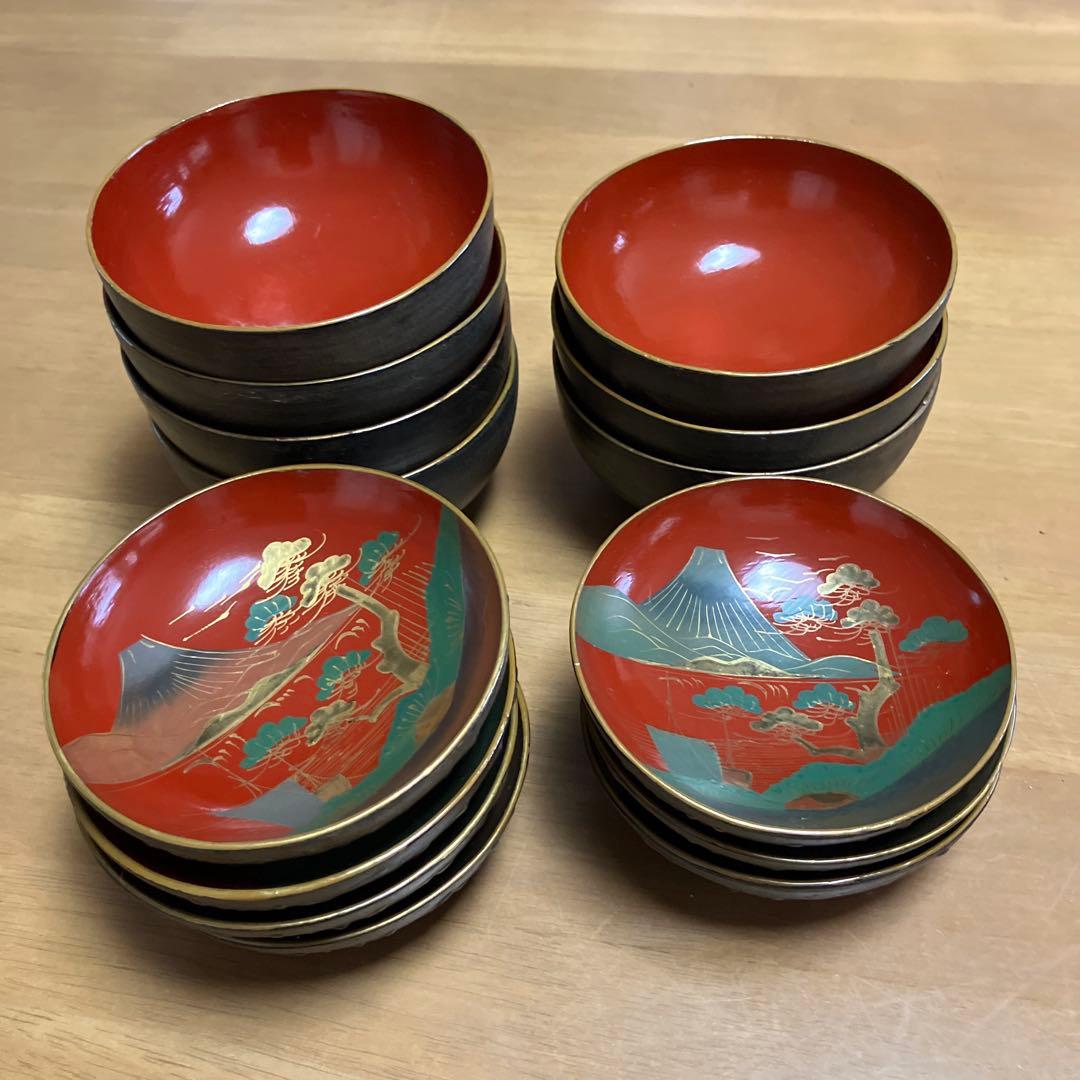 会津鉄錆塗（てつさびぬり）木製汁椀７客（明治〜大正時代）