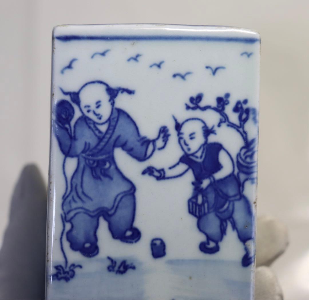 中国　光緒年製　唐子紋染付筆筒　送料込み1219