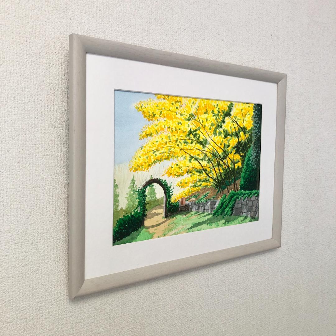 透明水彩画原画「桜の小径」額縁付F6サイズ風景画