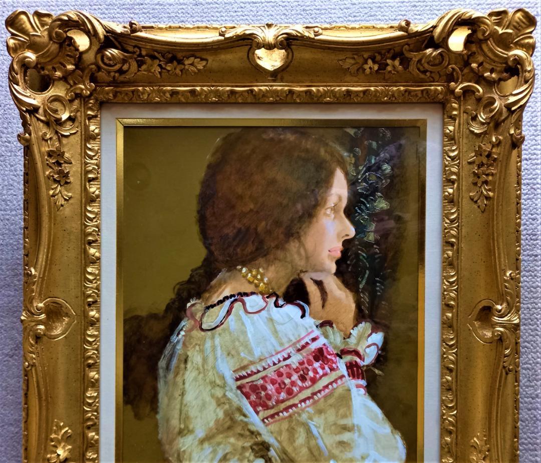 宮永岳彦　「婦人像」　F６号　　豪華な金縁額装　　真作