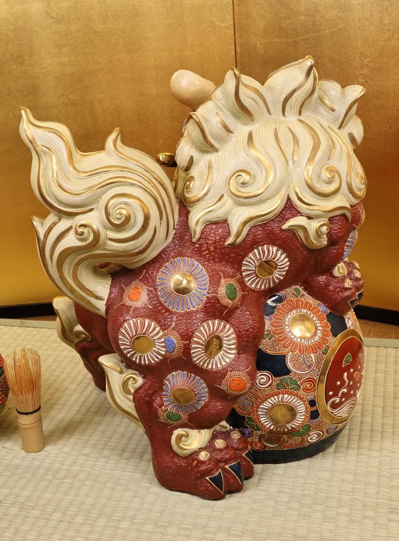 九谷焼 八幡釜 須栄義 剣獅子 置物 床飾 魔除 縁起物 高さ40㎝ BK044