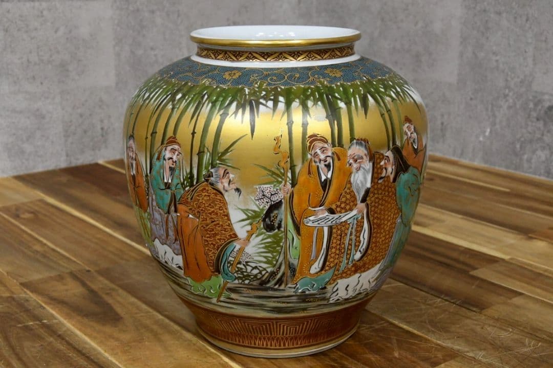 tr240913 九谷焼 大雅 壺 金彩 繊細色絵 山水 竹林 青粒 花瓶