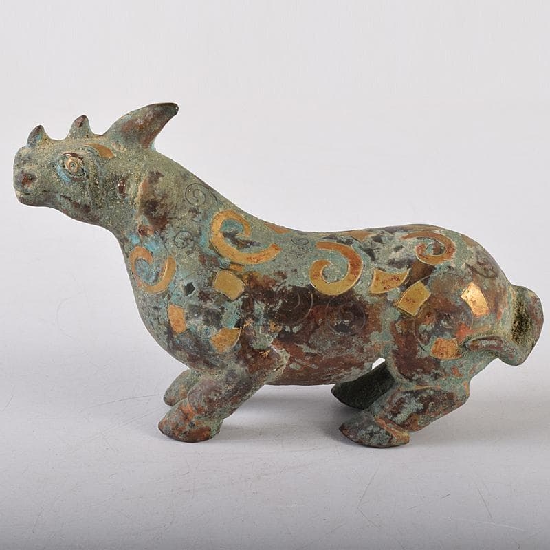 中国　青銅鍍金　金銀象嵌　神獣　置物　V　R8446