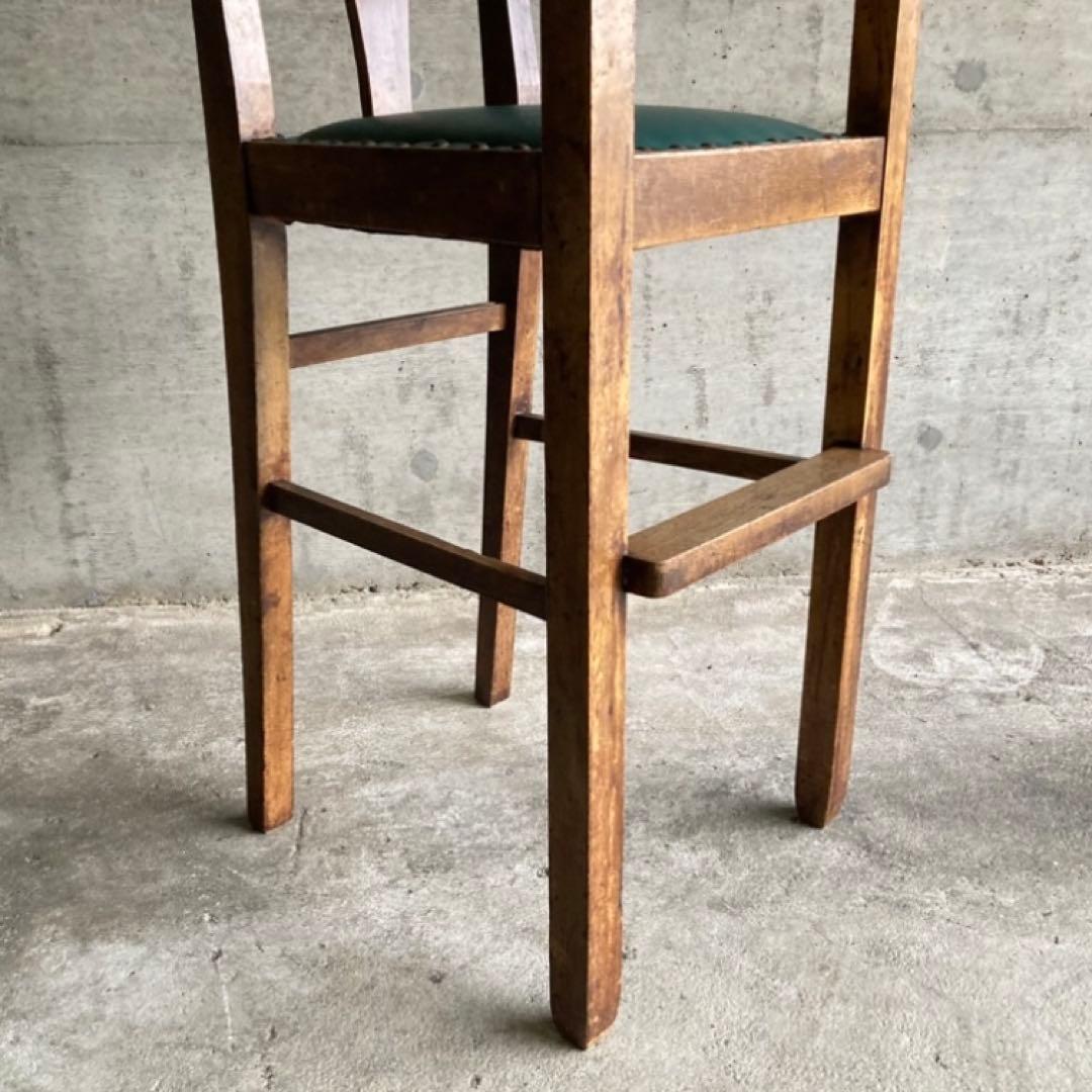 古い味のある子供椅子 ハイチェア 木製 飾り台 緑色 家具 レトロ