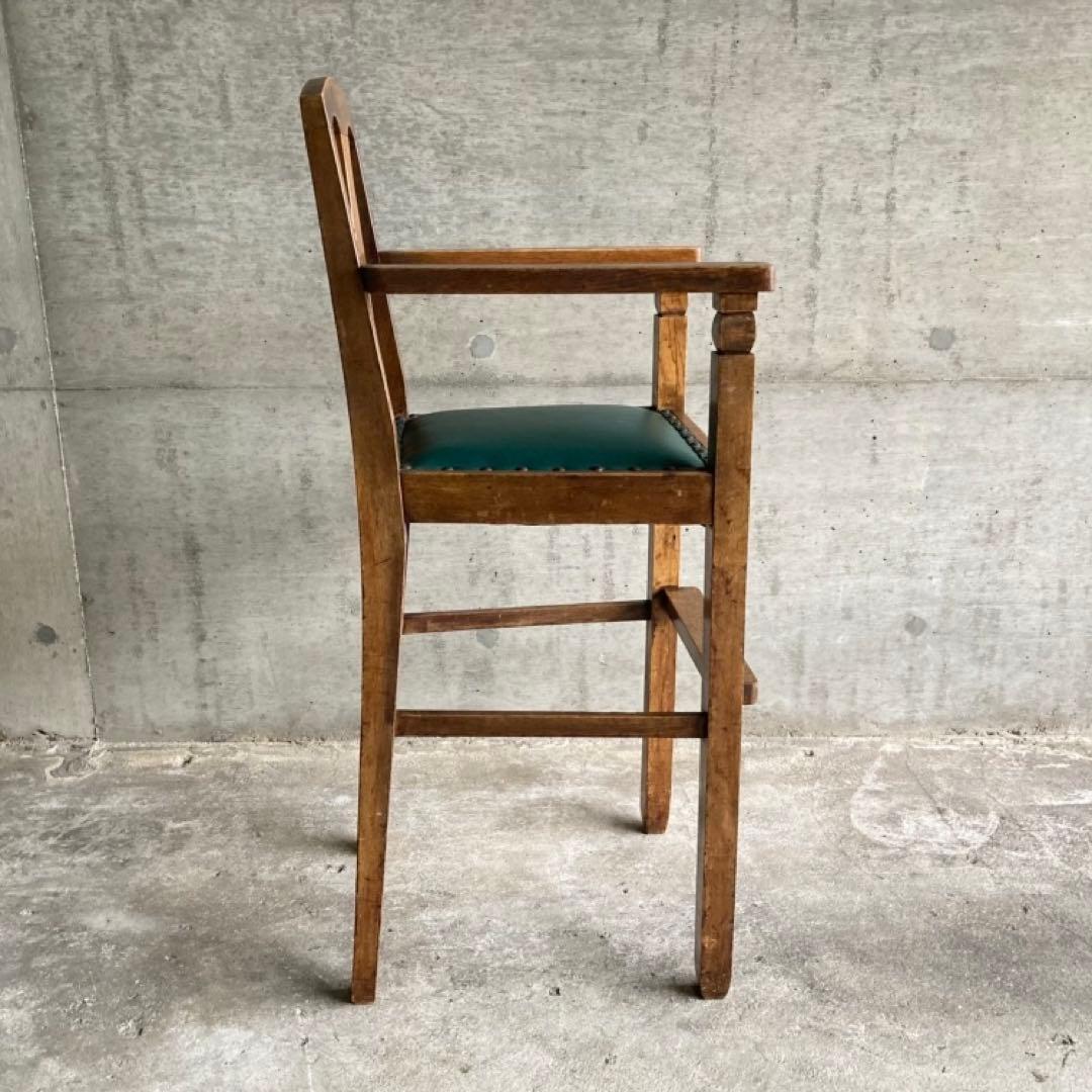古い味のある子供椅子 ハイチェア 木製 飾り台 緑色 家具 レトロ