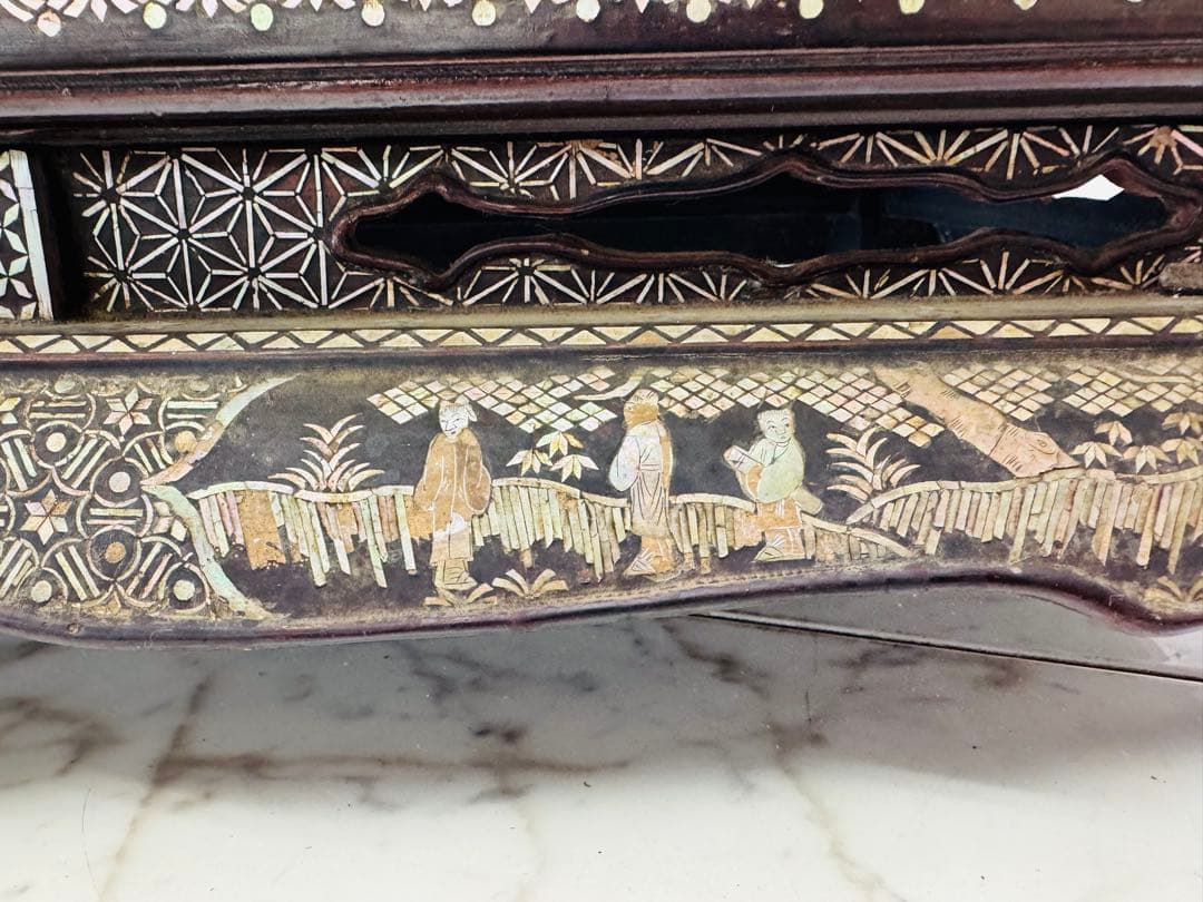 総螺鈿 細工 楼閣人物 長方平卓 61cm花台 飾台 香炉台 木製