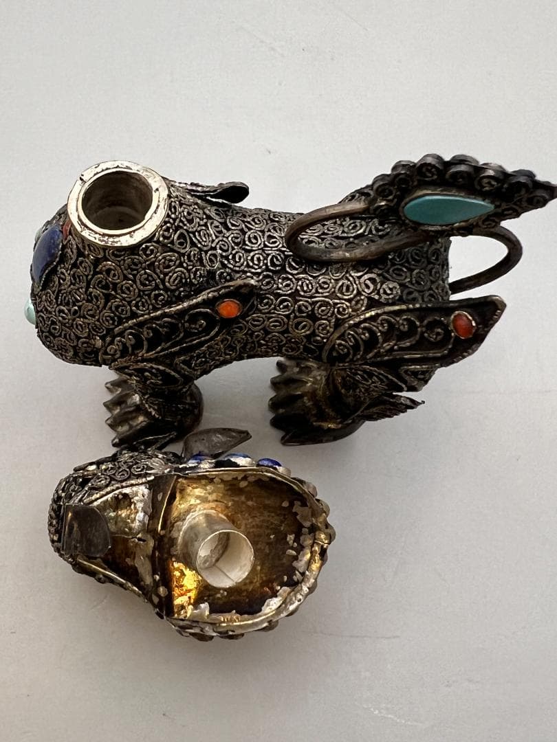 【海】民国期　銀製　獅子　珊瑚　ラピスラズリ　トルコ石装飾　中国骨董品