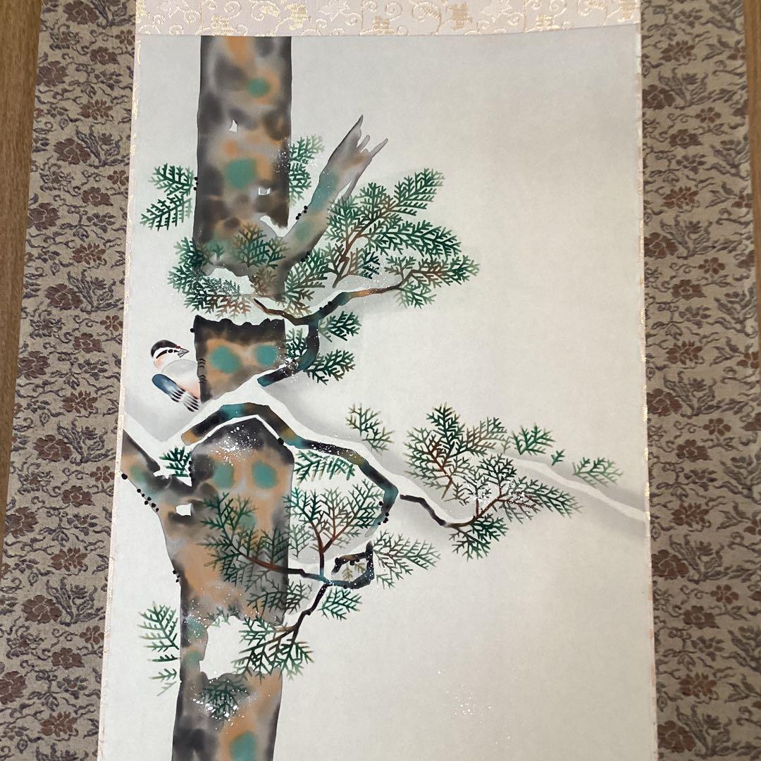 池田桂月筆　　酒井抱一写　【　12月 檜に啄木鳥図　】彩色画絹本掛軸　　462