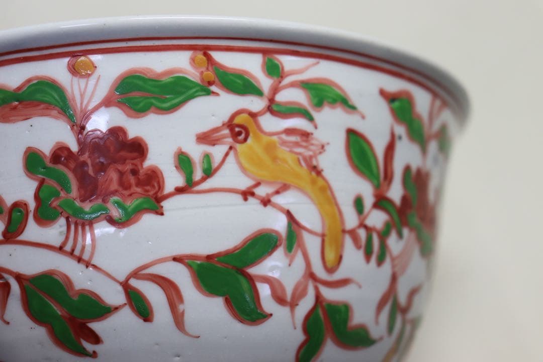 中国 紅緑彩花鳥紋碗 送料込み1025