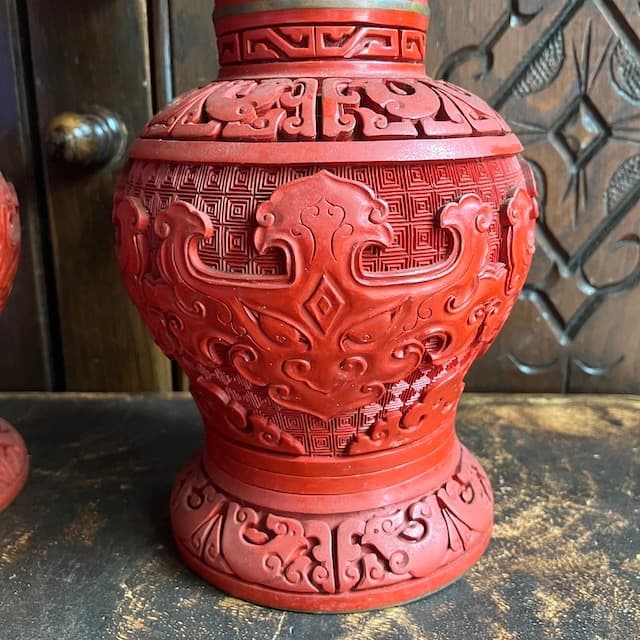 泉山作 村上木彫堆朱 花瓶 花鳥 孔雀 天然漆 茶道具 華道 共箱 極美品