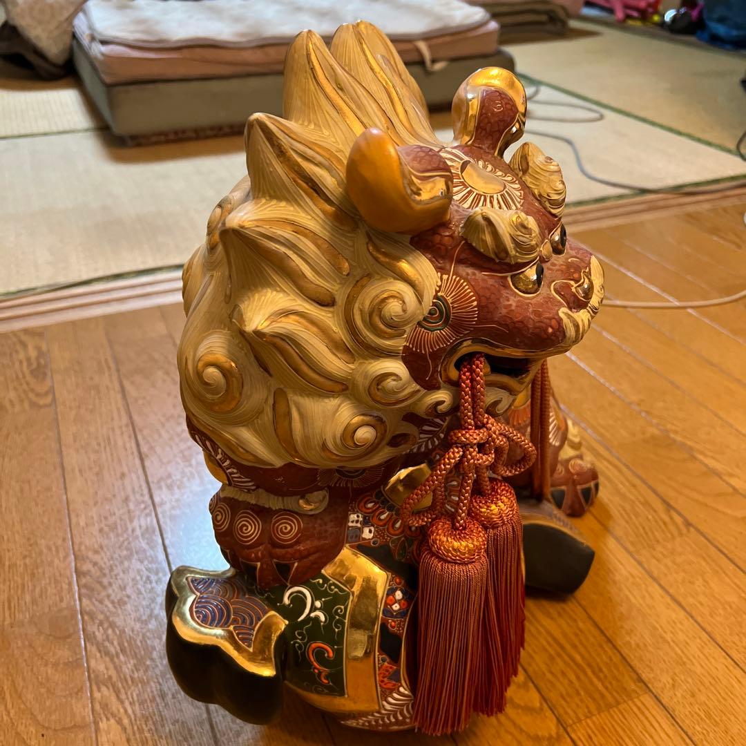 九谷焼 太吉 色絵金彩 獅子置物 赤獅子 玉獅子 玉乗り特大獅子 47㎝