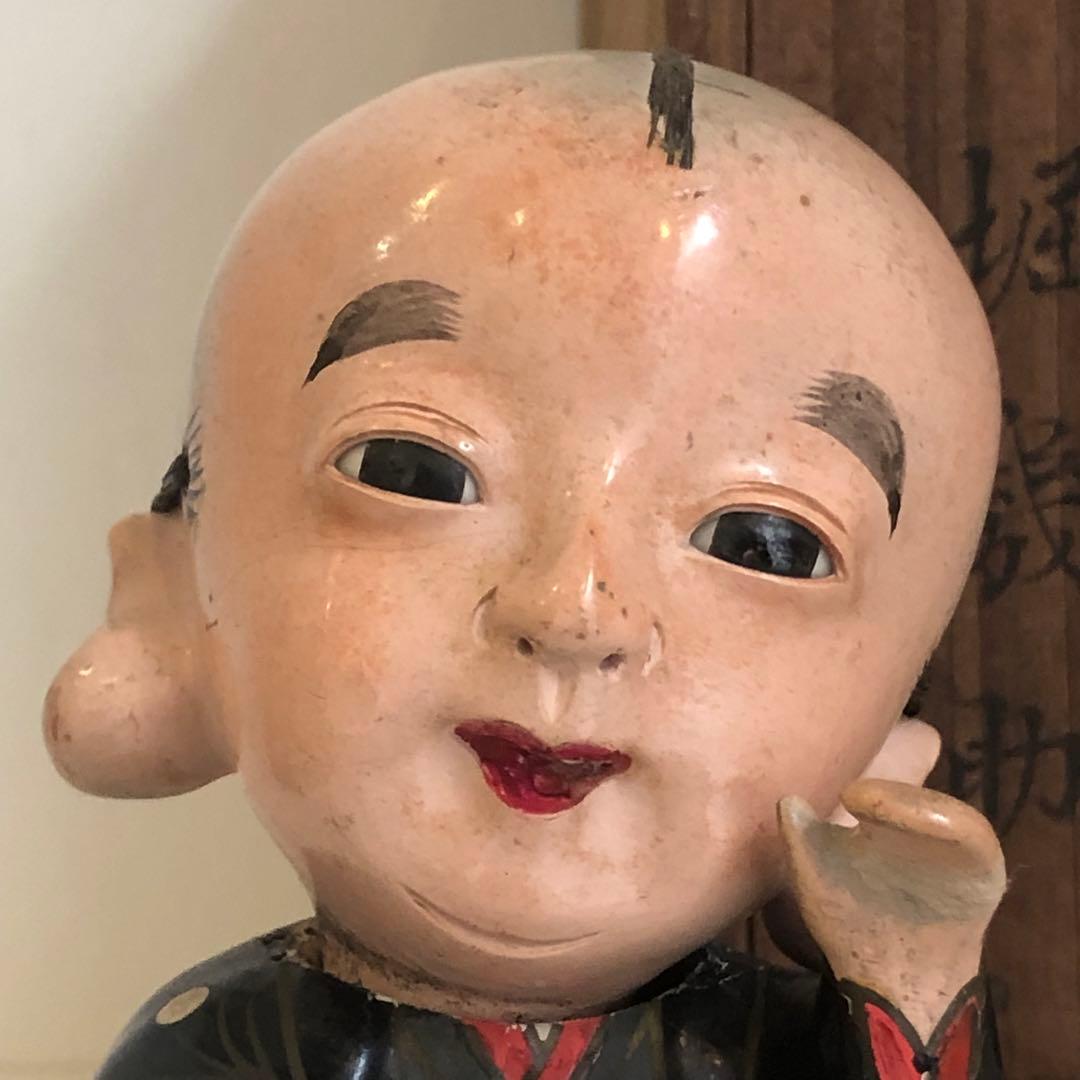 大正5年 福助人形 胡粉仕上げオープンマウス 骨董品 首動人形