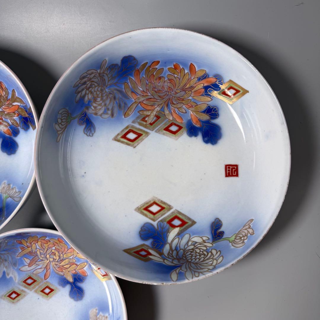 オールド深川製磁 明治時代 色絵菊文様三ツ鉢 深川ブルー 金彩 香蘭社