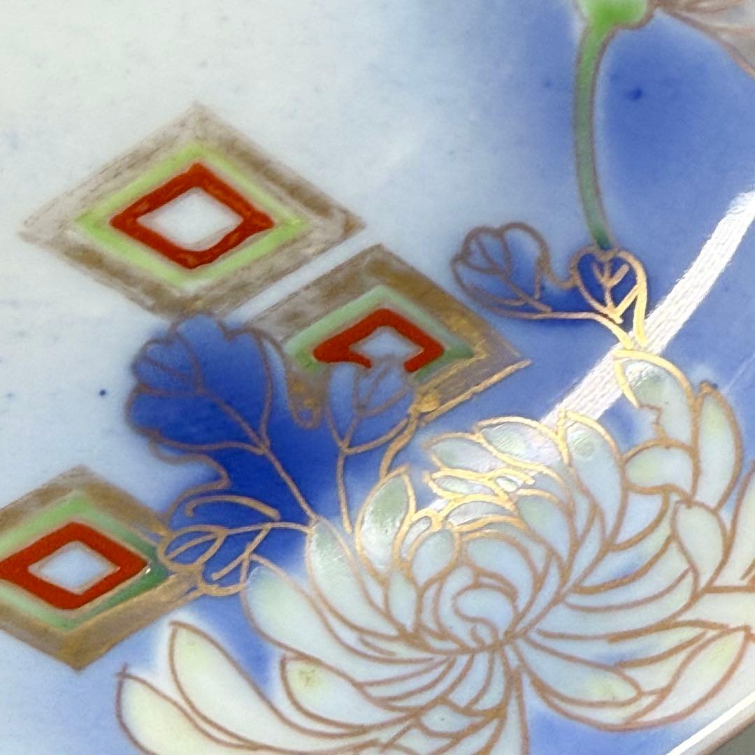 オールド深川製磁 明治時代 色絵菊文様三ツ鉢 深川ブルー 金彩 香蘭社