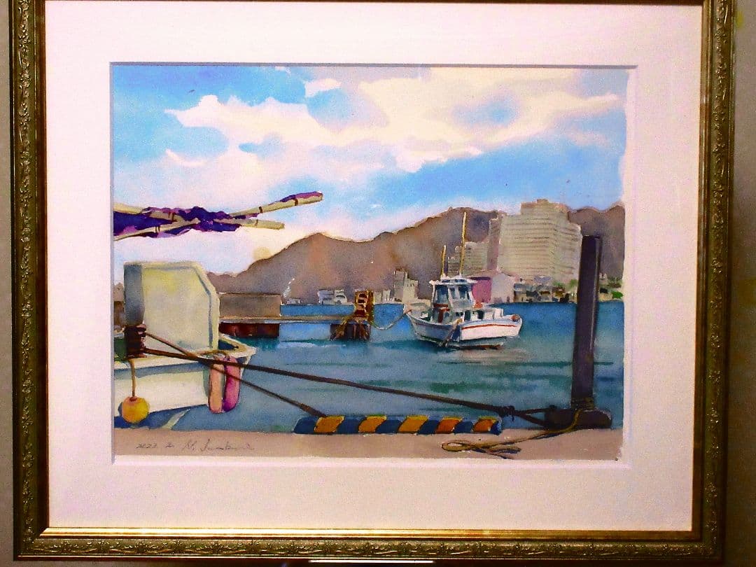 港の風景 水彩画 金色フレーム付き F6サイズ
