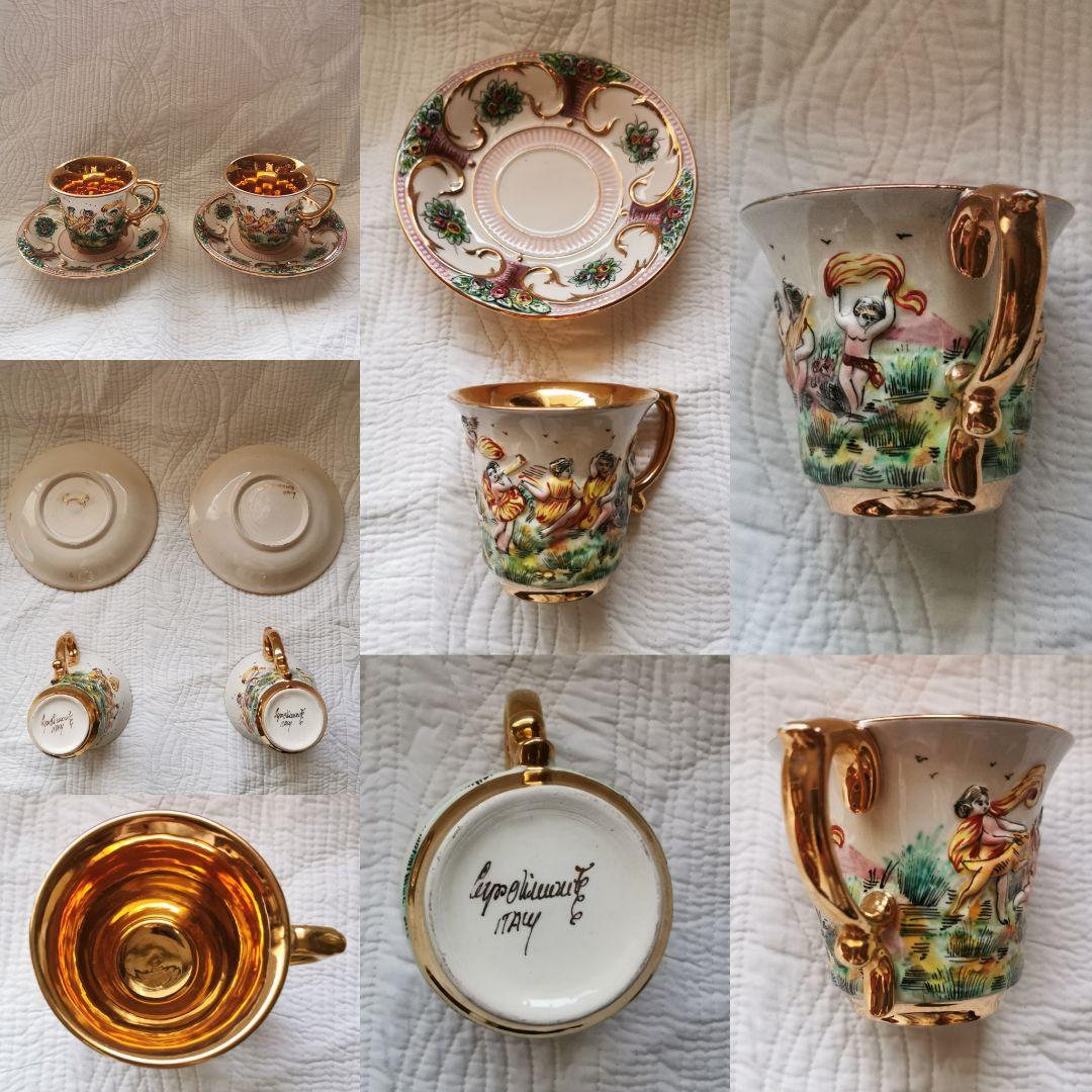 アンティーク カポディモンティ 手描手彩色 天使ティーカップ2客セット
