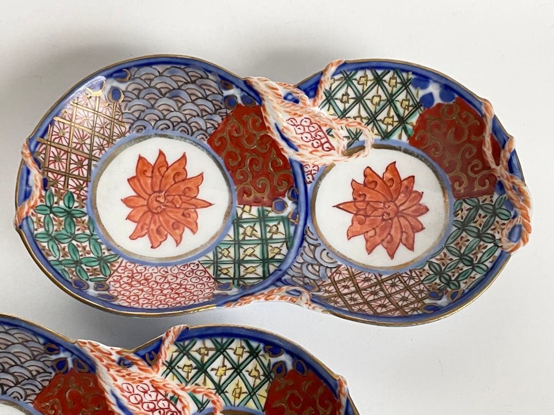 骨董　アンティーク　色絵　祥瑞　金襴手　双菊　瓢箪　向付　変形皿　2枚組