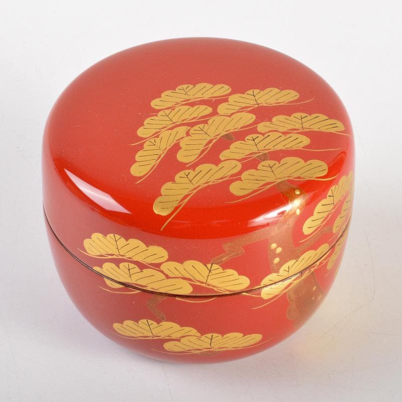 茶道具　朱塗　斎藤宗甫造　松蒔絵　棗　共箱　V　6192