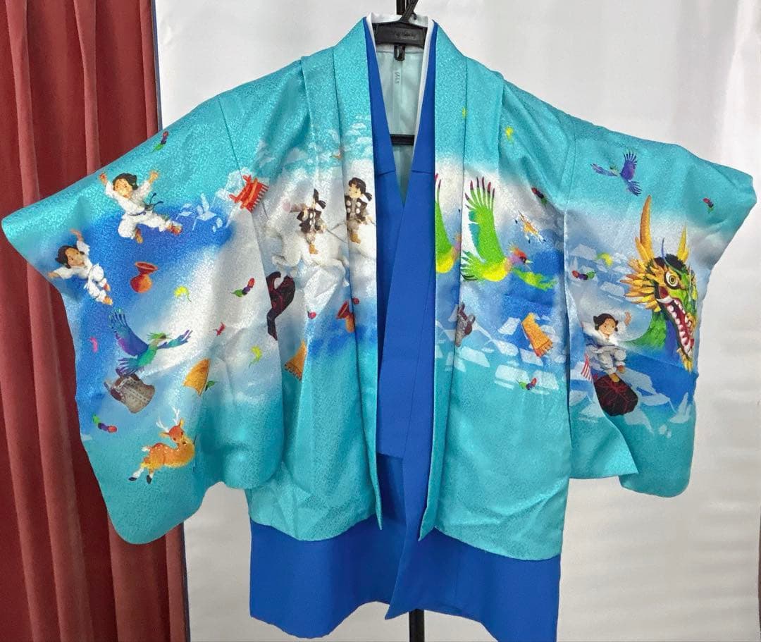5～7歳男の子用 セット内容着物羽織、襦袢 3点セット、淡いオーシャンブルー