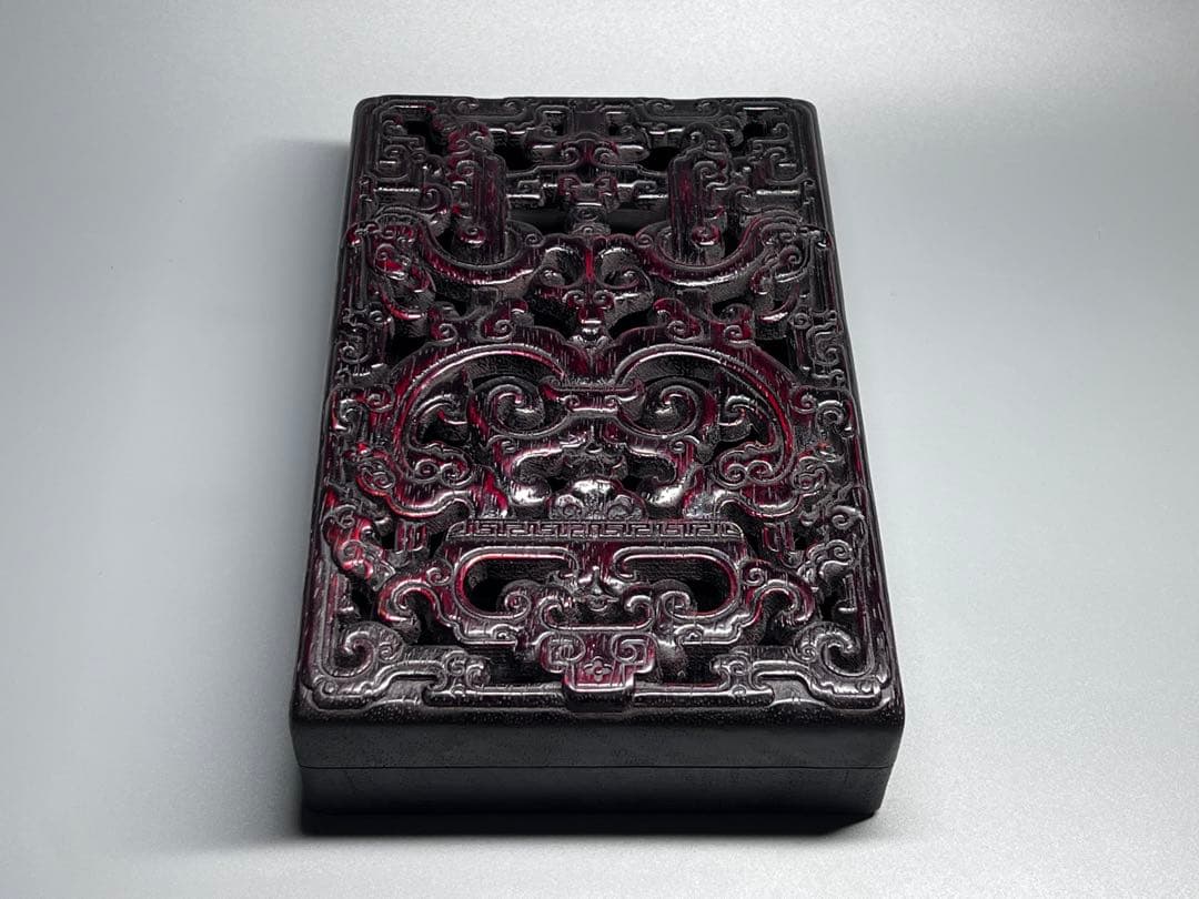 木製 透かし彫り 唐木 硯箱 文箱 書道具 巻雲紋 長方形 コレクション