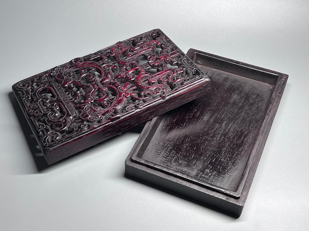 木製 透かし彫り 唐木 硯箱 文箱 書道具 巻雲紋 長方形 コレクション