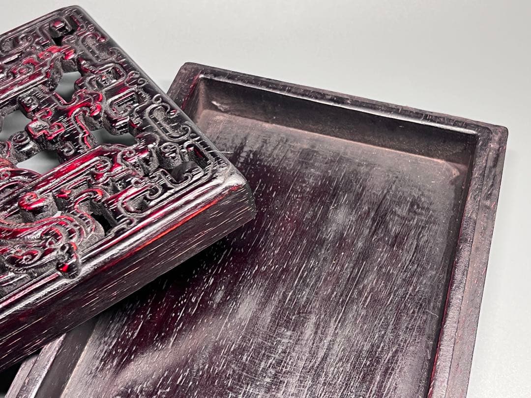 木製 透かし彫り 唐木 硯箱 文箱 書道具 巻雲紋 長方形 コレクション