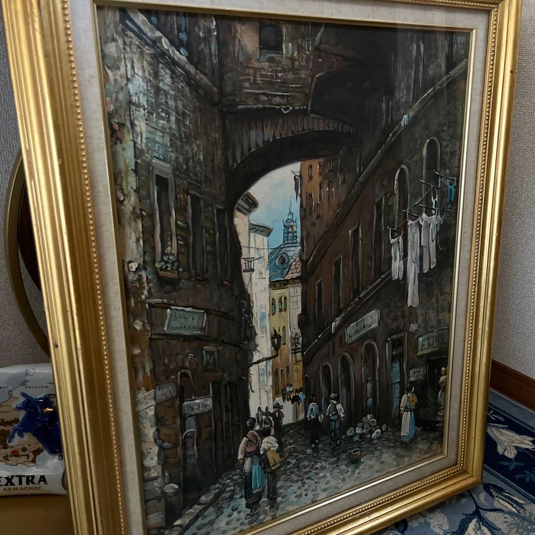 【更に値下げしました】街並み 油彩画 金色フレーム